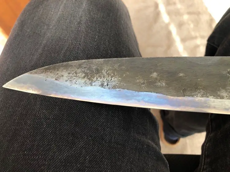 Beautiful patina after polishing and meat slicing on my Moritaka Aogami Super steel